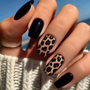 24-Piece Medium Square Black Press-On Nails with Brown Leopard Print