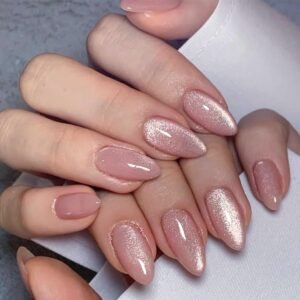 24-Piece Medium Almond Glossy Pink Press-On Nails with Glitter