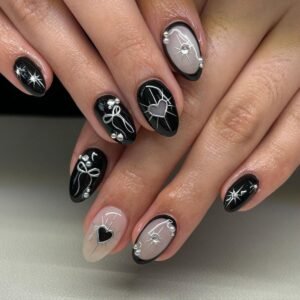 24-Piece Short Oval Gothic Black Press-On Nails with Silver Heart, Star and Bow Designs