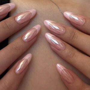 24-Piece Medium Almond Pink Chrome French Tip Press-On Nails with Iridescent Shimmer