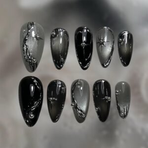 24-Piece Medium Almond Black Press-On Nails with Silver Details and Three-Dimensional White Pearls