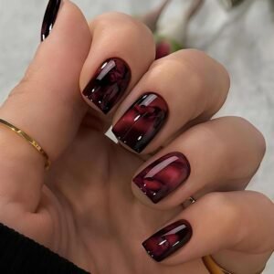 Short Square Burgundy and Black Smoky Marble Press-On Nails