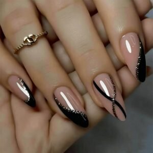 Medium Almond Black French Tip Press-On Nails with Silver Lines and Glitter