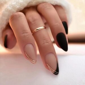 24-Piece Medium Almond Matte Black Press-On Nails with French Tip and Decorative Patterns