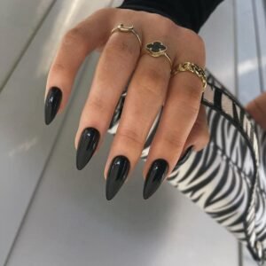 24-Piece Medium Almond Black Stiletto Press-On Nails with a Solid Color Finish