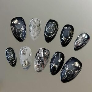 30-Piece Short Almond Black Metallic Press-On Nails with Three-Dimensional Star and Bow Designs