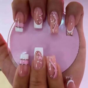 24-Piece Long Coffin Pink Press-On Nails with Glitter Decorations