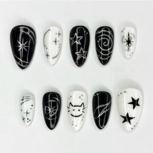 30-Piece Medium Almond Black and White Gothic Press-On Nails with Star Designs