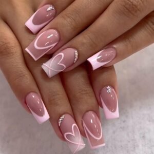 24-Piece Long Coffin Pink French Tip Press-On Nails with Heart Line Designs