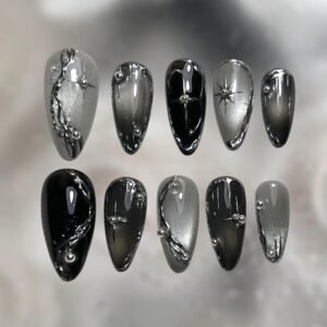 30-Piece Medium Almond Black Press-On Nails with Silver Metallic Details and Irregular Three-Dimensional Decorations