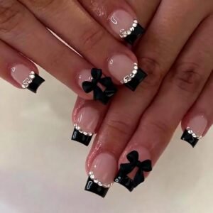 Short Square Black French Tip Press-On Nails with Rhinestones and Bow Designs