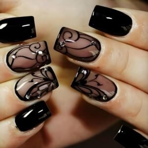 24-Piece Short Square Black Press-On Nails with Vine Patterns