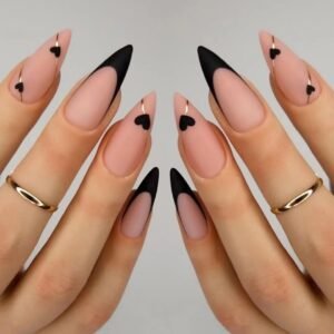 24-Piece Medium Almond Black French Tip Press-On Nails with Gold Lines and Heart Designs