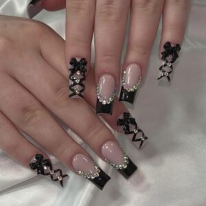 24-Piece Medium Square Black French Tip Press-On Nails with Bow and Rhinestone Designs