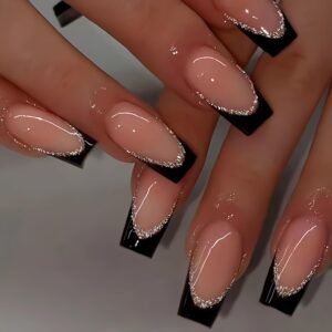 24-Piece Medium Square Black French Tip Press-On Nails with Glitter Lines