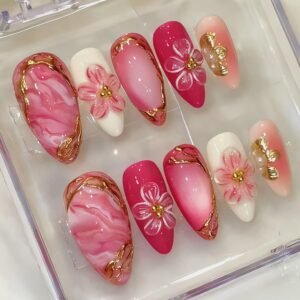 30-Piece Medium Almond Pink Gradient Press-On Nails with Three-Dimensional Flowers, Pearls and Gold Floral Details
