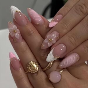 24-Piece Medium Almond Pink French Tip Press-On Nails with Embossed Flowers and Gold Bead Details