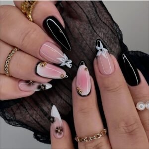 24-Piece Medium Almond Black and White French Tip Press-On Nails with Floral and Gold Bead Designs