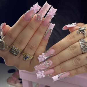 24-Piece Long Square Pink Press-On Nails with Bow and Rhinestone Designs