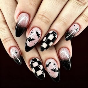 Medium Almond Black Ombre Press-On Nails with Checkered and Bat Designs