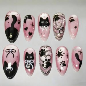 24-Piece Medium Almond Pink Press-On Nails with Black Cat, Bow, Pearl and Silver Heart Designs