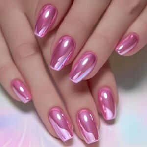 24-Piece Medium Square Pink Chrome Press-On Nails with Sparkling Finish