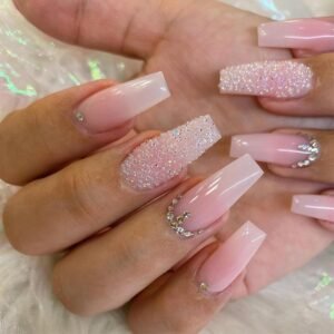 24-Piece Long Square Coffin Press-On Nails with Pink and White Ombre and Rhinestone Designs