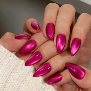 30-Piece Medium Almond Hot Pink Cat Eye Press-On Nails with Chrome Glitter