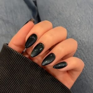 30-Piece Medium Almond Black Cat Eye Press-On Nails with Glitter