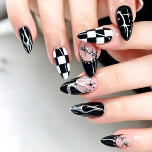 30-Piece Medium Almond Gothic Press-On Nails with Silver Flame, Snake, Star and Checkered Designs in Black and White