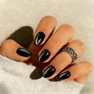 30-Piece Short Oval Black Cat Eye Press-On Nails with Glitter