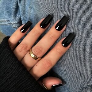 Medium Square Dark Black Press-On Nails with a Glossy Sheer Finish